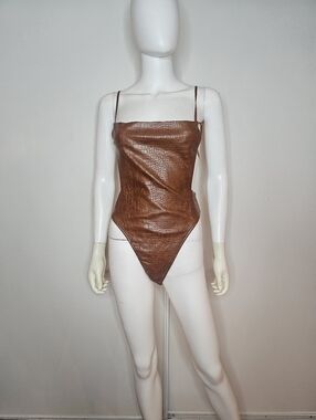 Sexy Brown Textured Strappy Faux-Leather Bodysuit Size XS